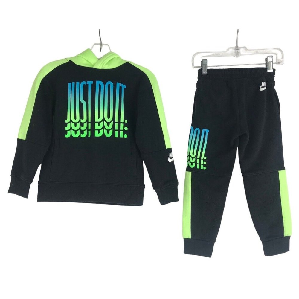 NIKE Hoodie Pants Set Boys Size 4 Black Neon Just‎ Do It Sweat Set